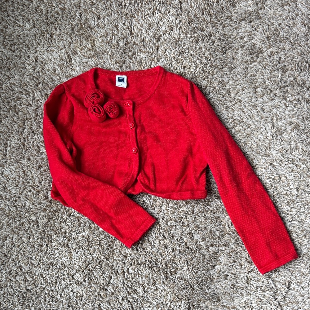 Janie and Jack Red Cropped Cardigan with Floral Detail